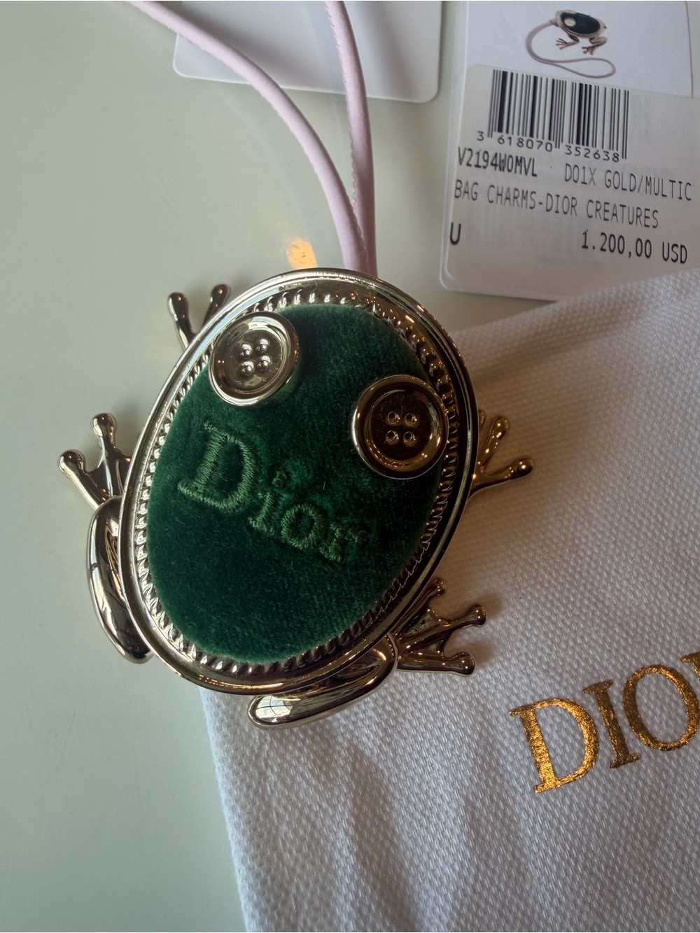 Dior Green Velvet Frog Bag Charm with Gold-Tone Trim
